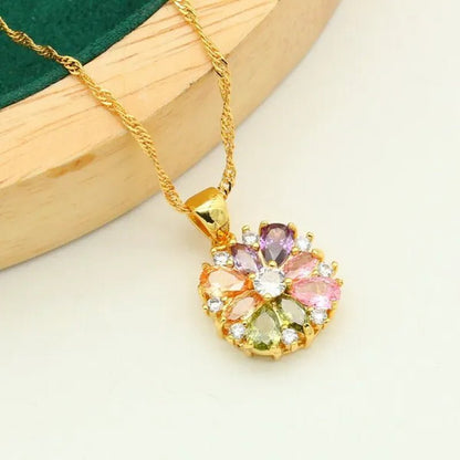 Classic Gold Color Jewelry Sets for Women Wedding Multi Color Zircon Bracelet Earrings Necklace Pendant Ring 4PCS - WORLD TIME VISITS