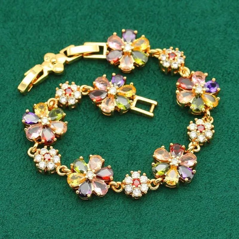 Classic Gold Color Jewelry Sets for Women Wedding Multi Color Zircon Bracelet Earrings Necklace Pendant Ring 4PCS