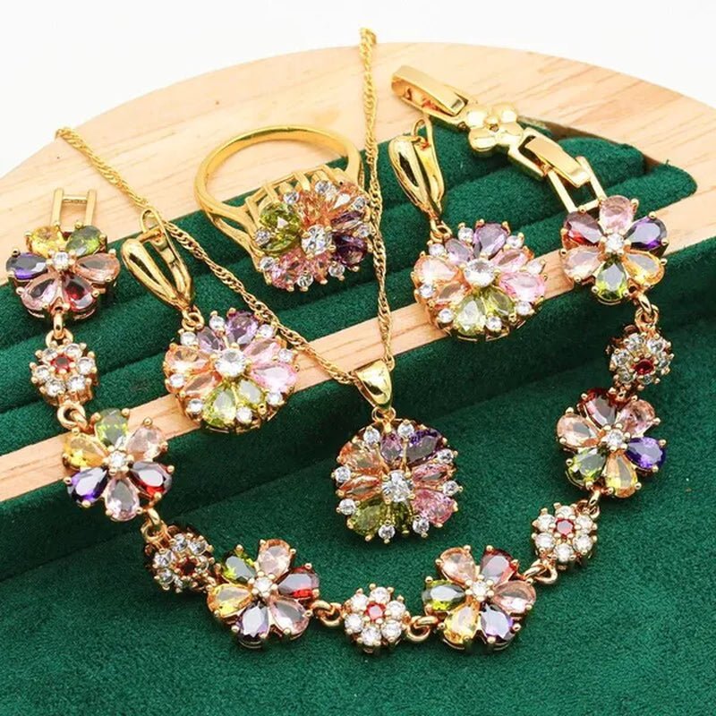 Classic Gold Color Jewelry Sets for Women Wedding Multi Color Zircon Bracelet Earrings Necklace Pendant Ring 4PCS - WORLD TIME VISITS