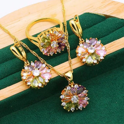 Classic Gold Color Jewelry Sets for Women Wedding Multi Color Zircon Bracelet Earrings Necklace Pendant Ring 4PCS - WORLD TIME VISITS