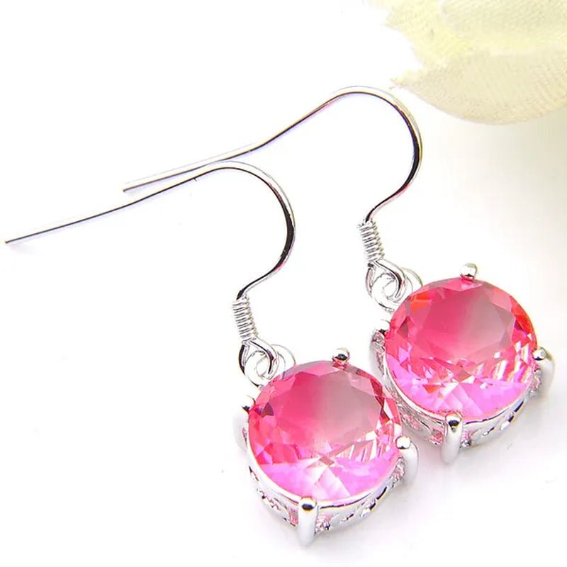 Classic round Pink Bi-Colored Tourmaline Gemstone Silver Dangle Earrings for Women Holiday Gifts