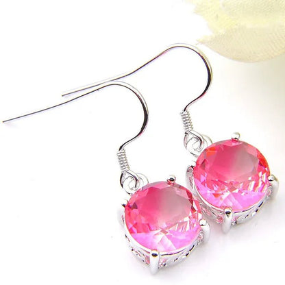 Classic round Pink Bi-Colored Tourmaline Gemstone Silver Dangle Earrings for Women Holiday Gifts