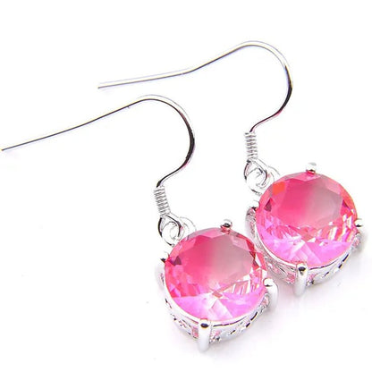 Classic round Pink Bi-Colored Tourmaline Gemstone Silver Dangle Earrings for Women Holiday Gifts
