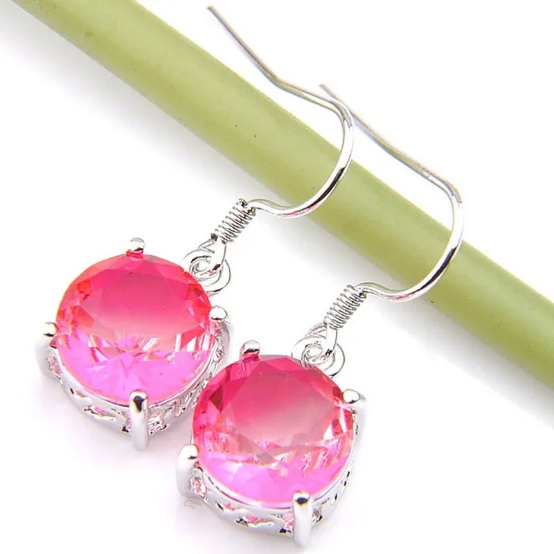 Classic round Pink Bi - Colored Tourmaline Gemstone Silver Dangle Earrings for Women Holiday Gifts - WORLD TIME VISITS