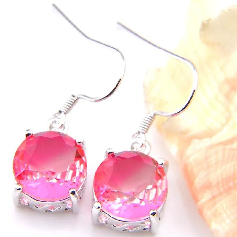 Classic round Pink Bi-Colored Tourmaline Gemstone Silver Dangle Earrings for Women Holiday Gifts