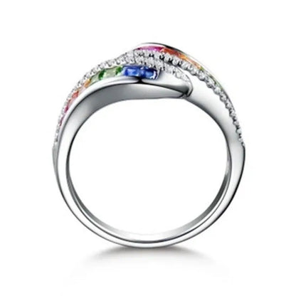 Classic Silver Color Ring Rainbow Square Zircon Diamond Rings for Women Beauty Engagement & Wedding Temperament Jewelry Rings Size 6/7/8/9/10 Bague Femme