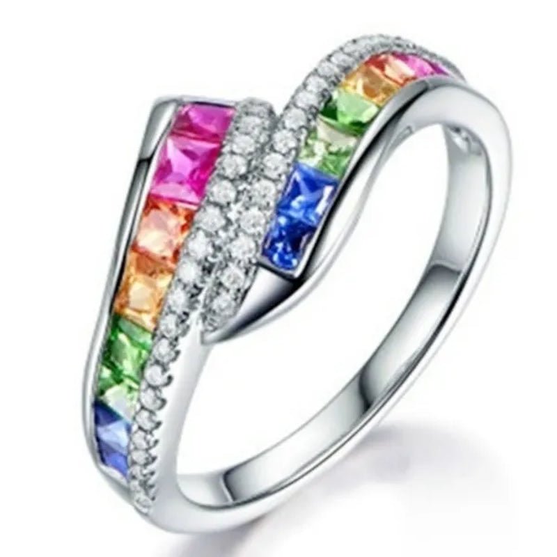 Classic Silver Color Ring Rainbow Square Zircon Diamond Rings for Women Beauty Engagement & Wedding Temperament Jewelry Rings Size 6/7/8/9/10 Bague Femme - WORLD TIME VISITS