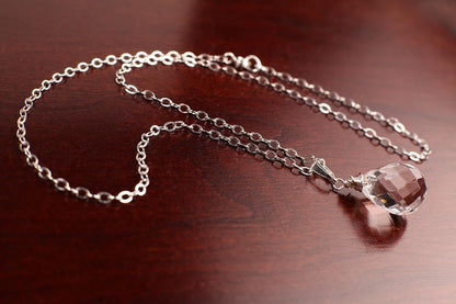 Clear Rock Crystal Quartz 12X17Mm Faceted Briolette Drop Wire Wrapped Gemstone Pendant Necklace in 925 Sterling Silver Chain and Clasp (24") - WORLD TIME VISITS