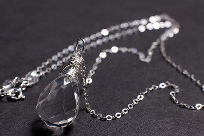 Clear Rock Crystal Quartz 12X17Mm Faceted Briolette Drop Wire Wrapped Gemstone Pendant Necklace in 925 Sterling Silver Chain and Clasp (24")