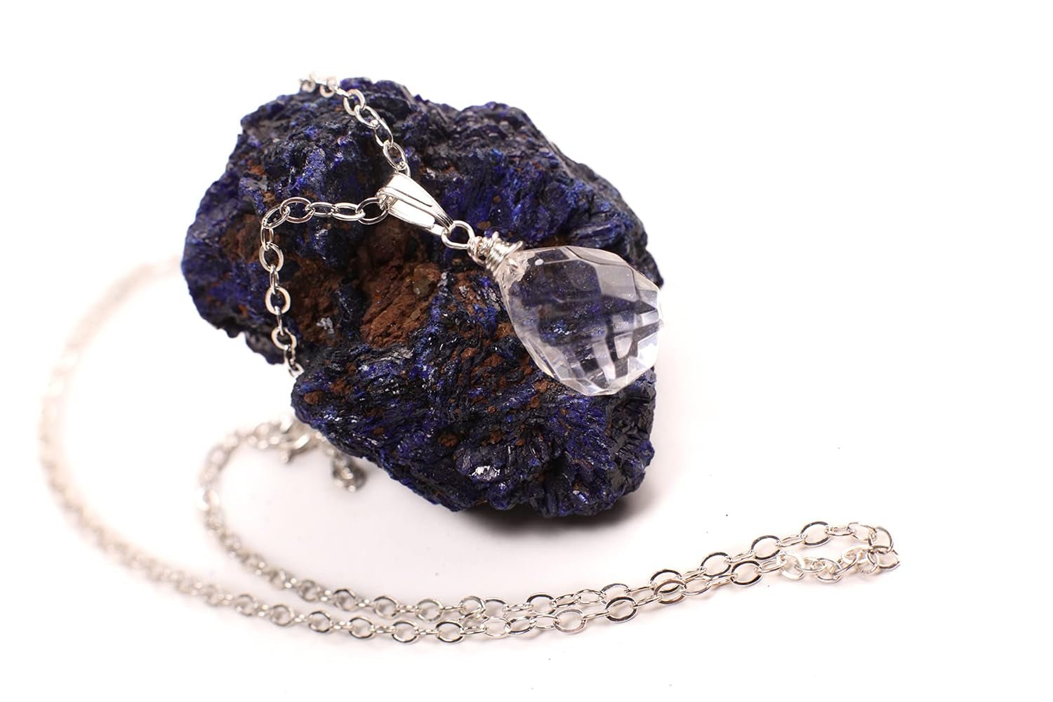 Clear Rock Crystal Quartz 12X17Mm Faceted Briolette Drop Wire Wrapped Gemstone Pendant Necklace in 925 Sterling Silver Chain and Clasp (24") - WORLD TIME VISITS
