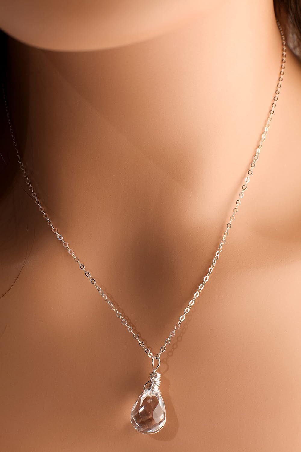 Clear Rock Crystal Quartz 12X17Mm Faceted Briolette Drop Wire Wrapped Gemstone Pendant Necklace in 925 Sterling Silver Chain and Clasp (24") - WORLD TIME VISITS