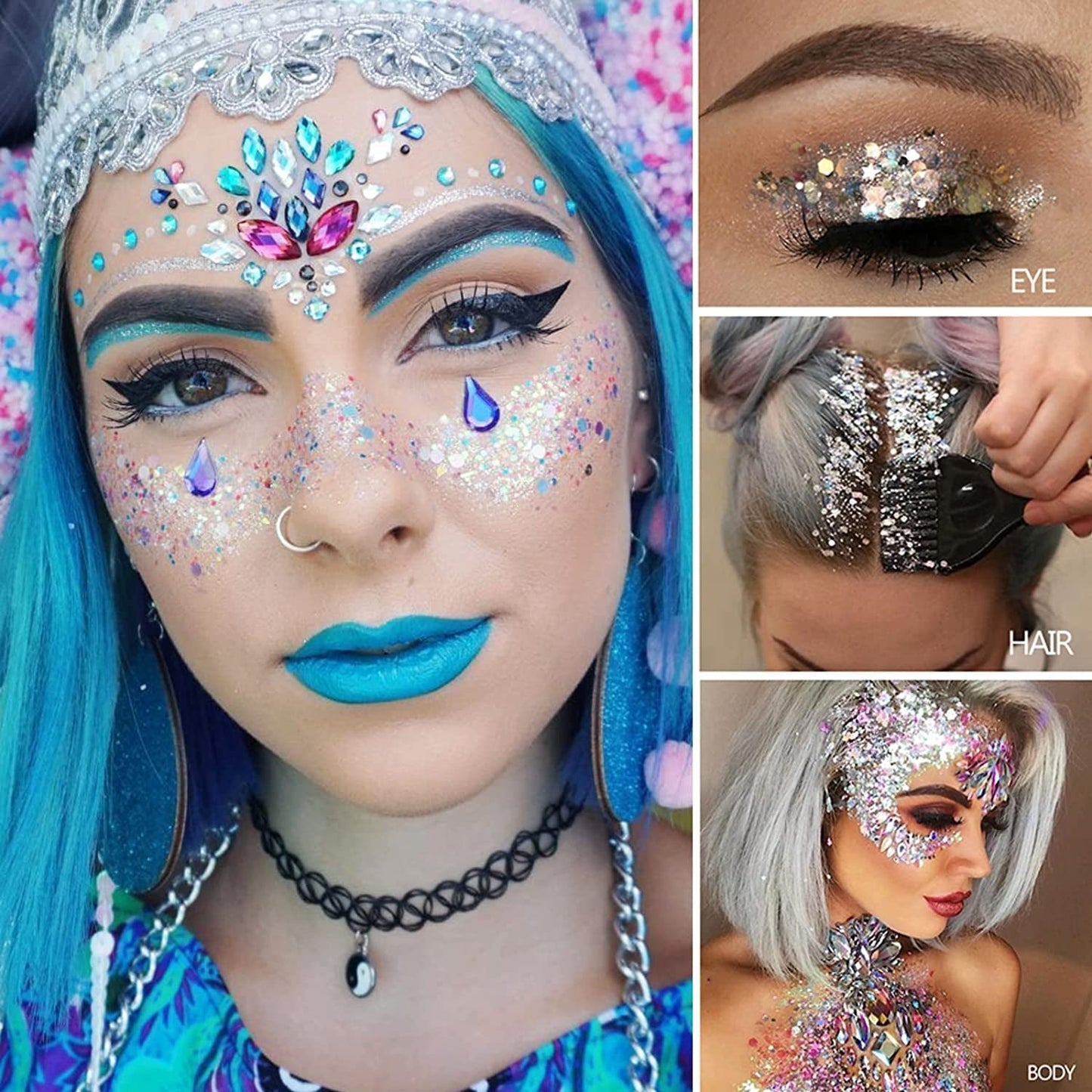 Clear White Body Glitter Gel,Mardi Gras Face Glitter Makeup for Kids Women Girls,Sparkly Chunky Hair Glitter,Singer Concerts Festival Rave Accessories,Mermaid Glitter Face Paint