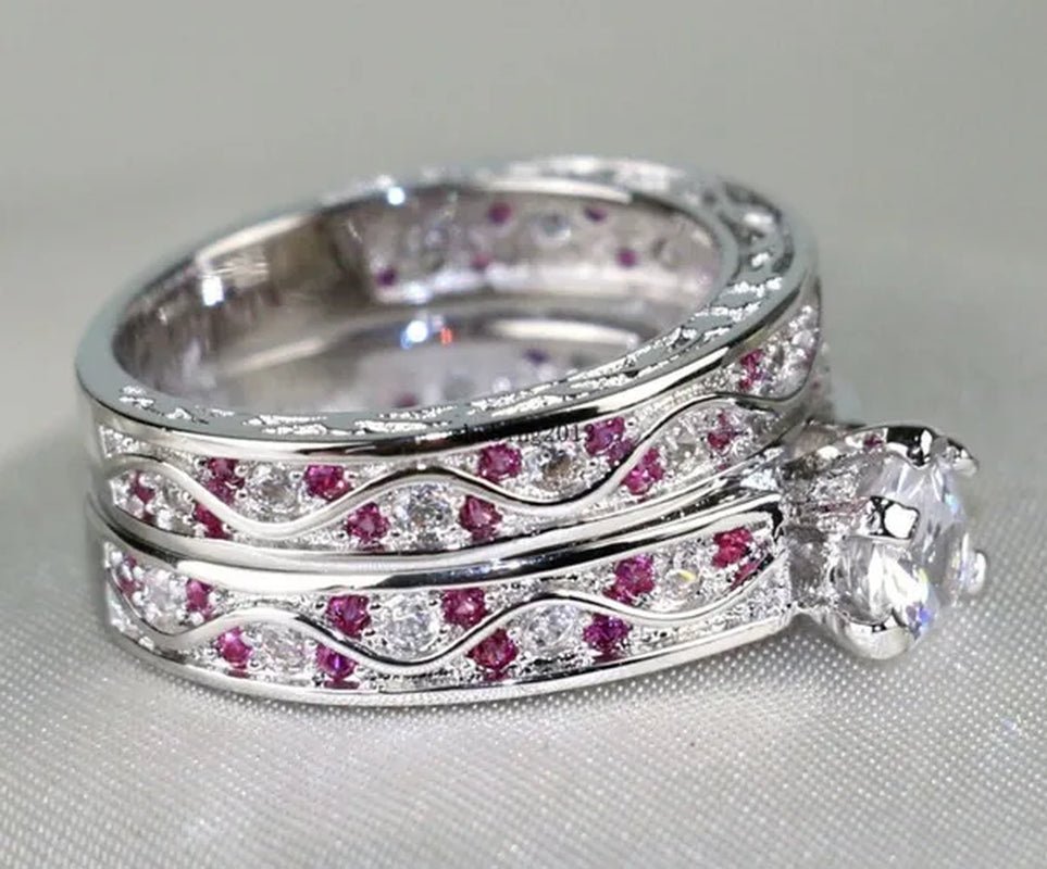 Cocktail Ring Heart CZ Ruby 10KT White Gold Filled Women's Wedding Ring Sets Sz6-9