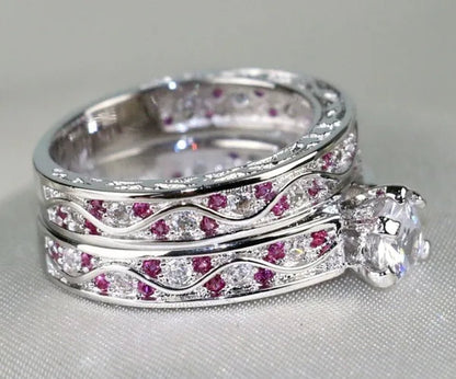Cocktail Ring Heart CZ Ruby 10KT White Gold Filled Women's Wedding Ring Sets Sz6-9