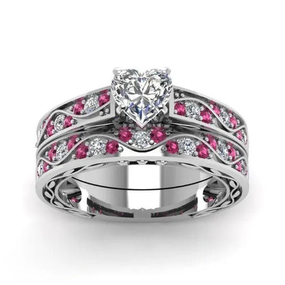 Cocktail Ring Heart CZ Ruby 10KT White Gold Filled Women's Wedding Ring Sets Sz6 - 9 - WORLD TIME VISITS