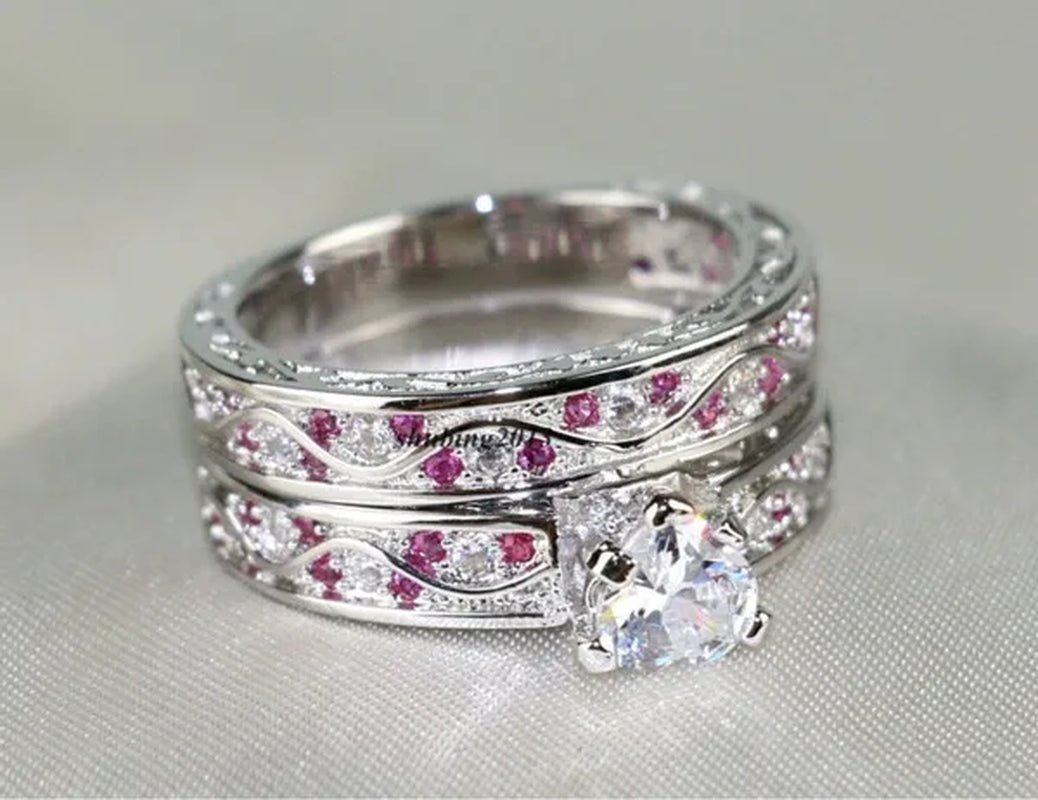Cocktail Ring Heart CZ Ruby 10KT White Gold Filled Women's Wedding Ring Sets Sz6-9