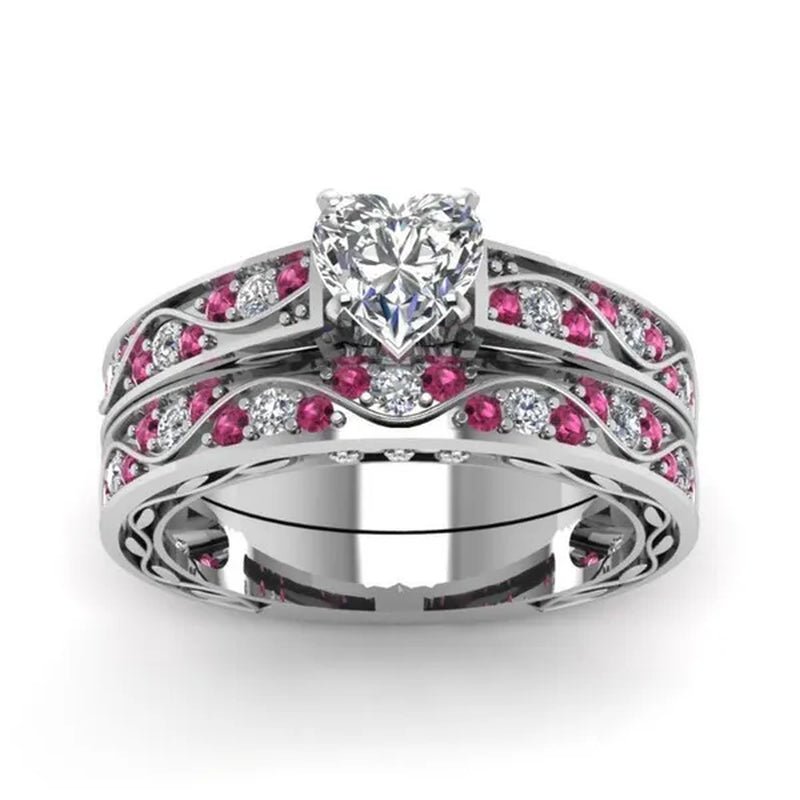 Cocktail Ring Heart CZ Ruby 10KT White Gold Filled Women's Wedding Ring Sets Sz6 - 9 - WORLD TIME VISITS