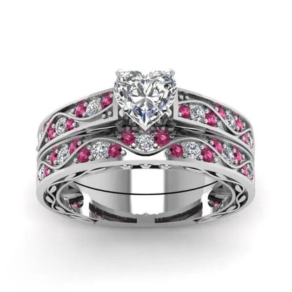 Cocktail Ring Heart CZ Ruby 10KT White Gold Filled Women's Wedding Ring Sets Sz6 - 9 - WORLD TIME VISITS