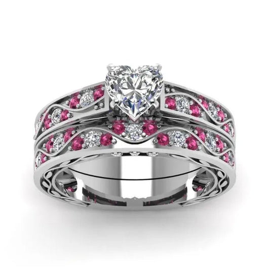 Cocktail Ring Heart CZ Ruby 10KT White Gold Filled Women's Wedding Ring Sets Sz6 - 9 - WORLD TIME VISITS