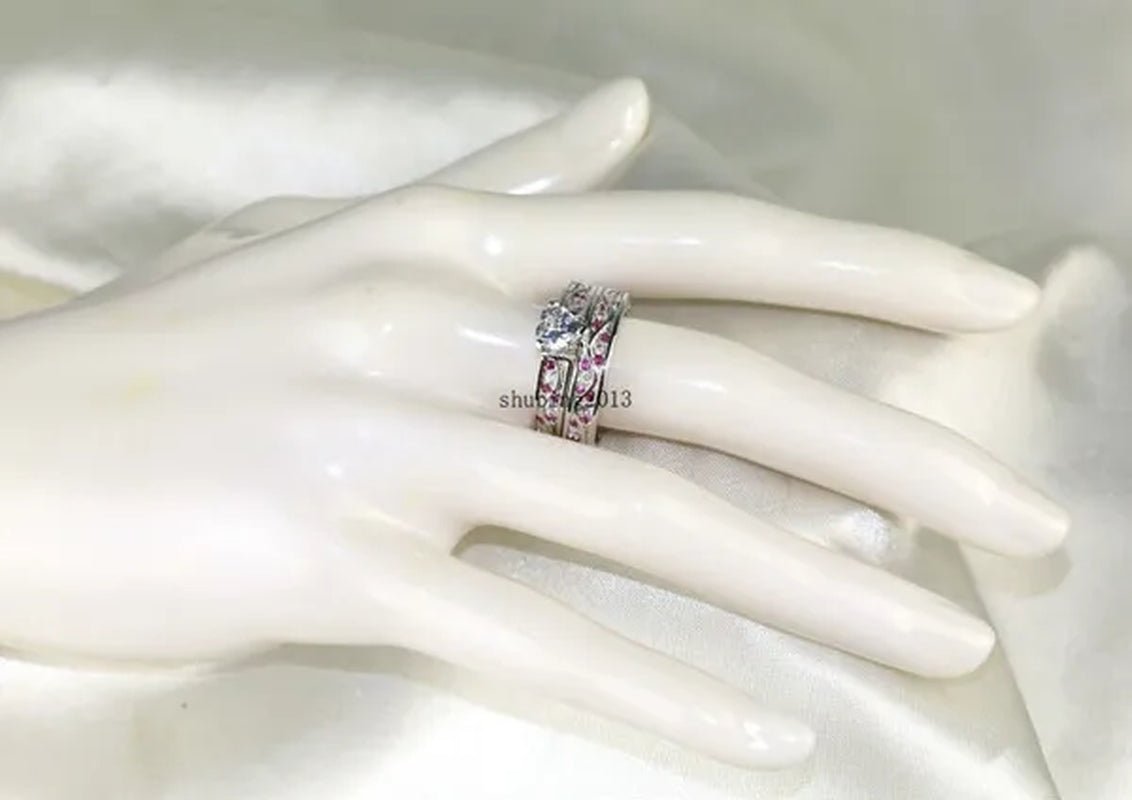 Cocktail Ring Heart CZ Ruby 10KT White Gold Filled Women's Wedding Ring Sets Sz6-9