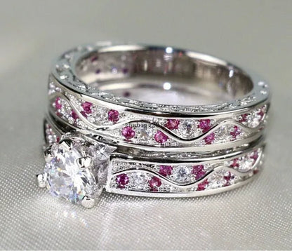 Cocktail Ring Heart CZ Ruby 10KT White Gold Filled Women's Wedding Ring Sets Sz6-9