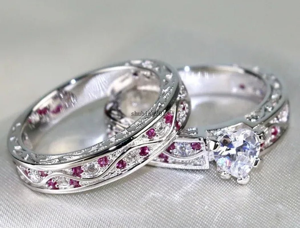 Cocktail Ring Heart CZ Ruby 10KT White Gold Filled Women's Wedding Ring Sets Sz6-9
