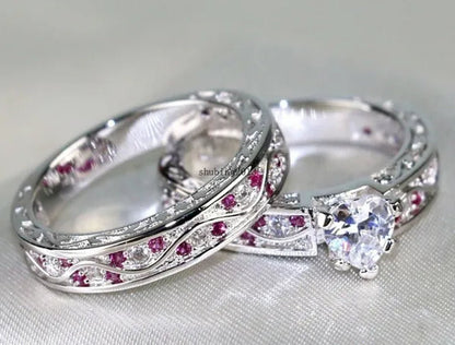 Cocktail Ring Heart CZ Ruby 10KT White Gold Filled Women's Wedding Ring Sets Sz6-9