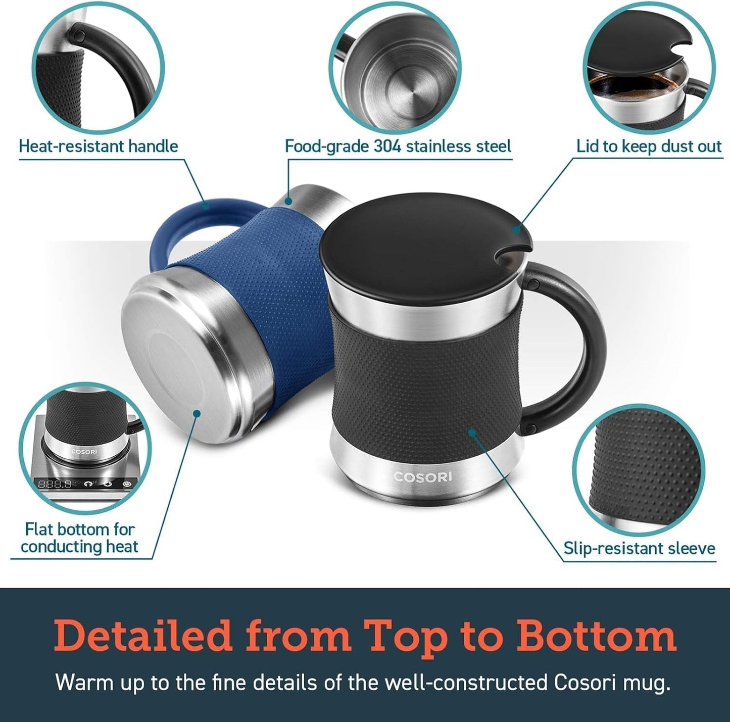 Coffee Mug with Lids Set of 2, Stainless Steel Cups with Heat - Resistant Handle & Slip - Resistant Sleeve, 17 Oz, Best Match W/Mug Warmer, for Coffee,Tea,Water,Cocoa, Milk, C1601 - CM, Black & Blue - WORLD TIME VISITS