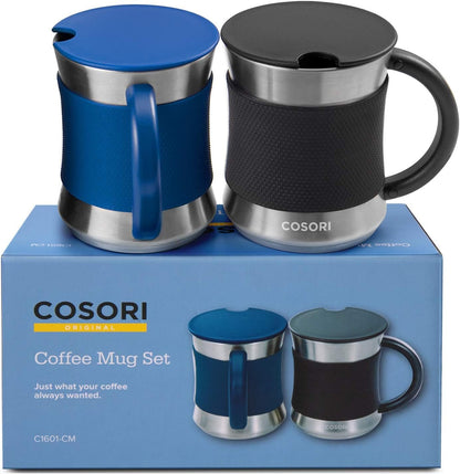 Coffee Mug with Lids Set of 2, Stainless Steel Cups with Heat - Resistant Handle & Slip - Resistant Sleeve, 17 Oz, Best Match W/Mug Warmer, for Coffee,Tea,Water,Cocoa, Milk, C1601 - CM, Black & Blue - WORLD TIME VISITS