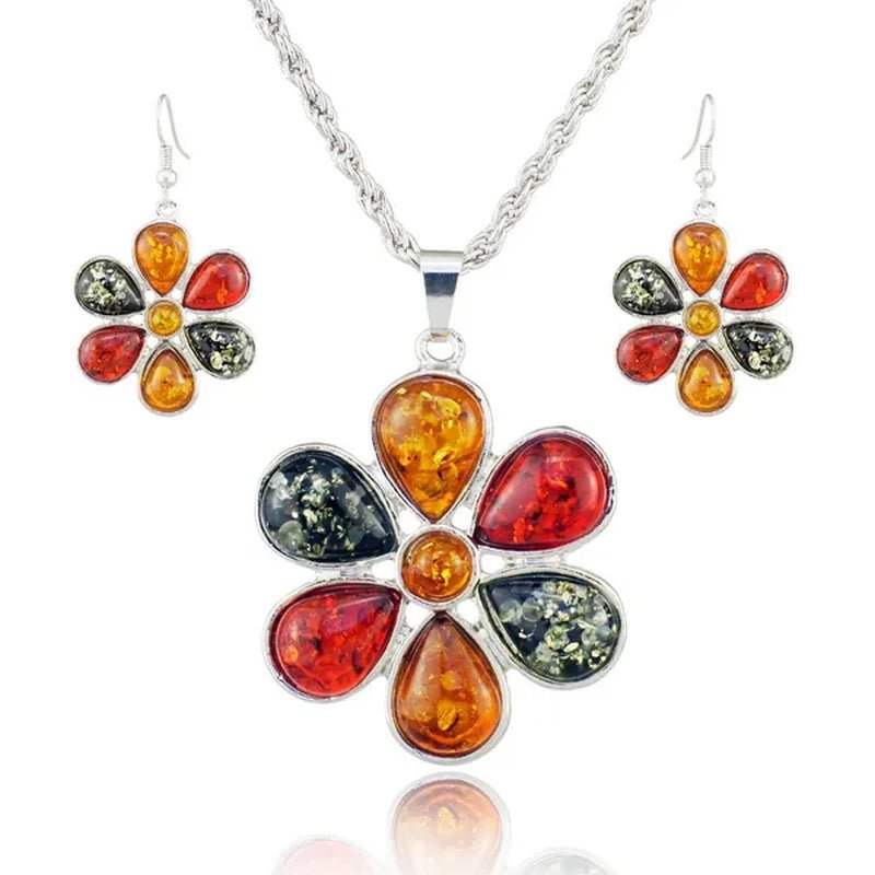 Colorful Baltic Amber Honey Flower Earrings 18k Platinum Plated Necklace Women's Wedding Jewelry Set - WORLD TIME VISITS