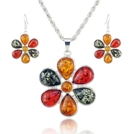 Colorful Baltic Amber Honey Flower Earrings 18k Platinum Plated Necklace Women's Wedding Jewelry Set - WORLD TIME VISITS