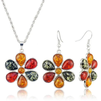 Colorful Baltic Amber Honey Flower Earrings 18k Platinum Plated Necklace Women's Wedding Jewelry Set