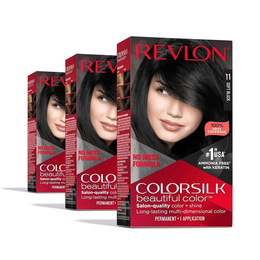 Colorsilk Permanent Hair Color, 100% Gray Coverage Dye Kit, Ammonia - Free, Keratin and Amino Acids, Black Shades, 11 Soft Black (Pack of 3) - WORLD TIME VISITS