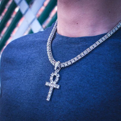 Cool Men Yellow Gold Iced Out Cz Diamond Jewelry Ankh Cross Pendant Tennis Chain Hip Hop Necklace