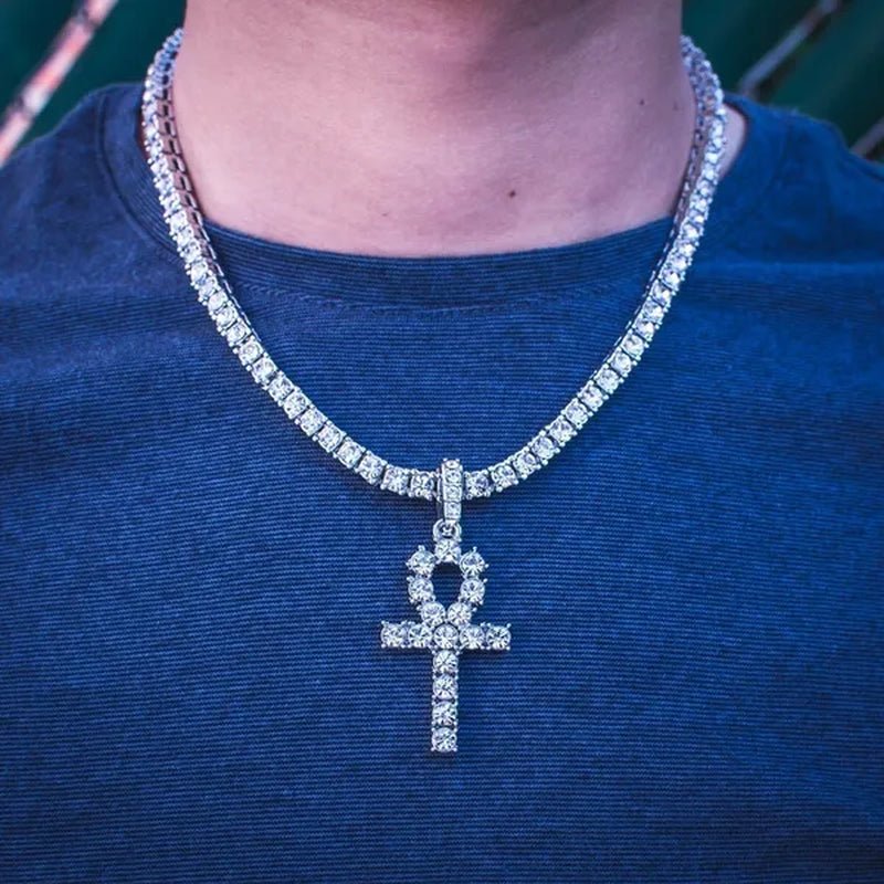 Cool Men Yellow Gold Iced Out Cz Diamond Jewelry Ankh Cross Pendant Tennis Chain Hip Hop Necklace