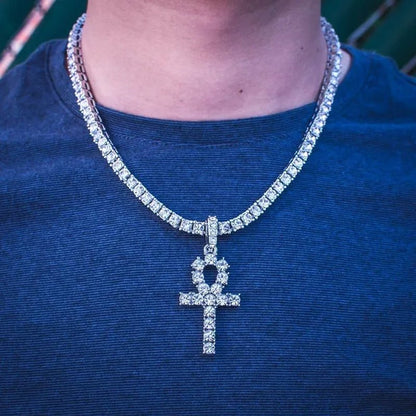 Cool Men Yellow Gold Iced Out Cz Diamond Jewelry Ankh Cross Pendant Tennis Chain Hip Hop Necklace