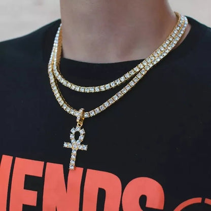 Cool Men Yellow Gold Iced Out Cz Diamond Jewelry Ankh Cross Pendant Tennis Chain Hip Hop Necklace