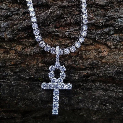 Cool Men Yellow Gold Iced Out Cz Diamond Jewelry Ankh Cross Pendant Tennis Chain Hip Hop Necklace