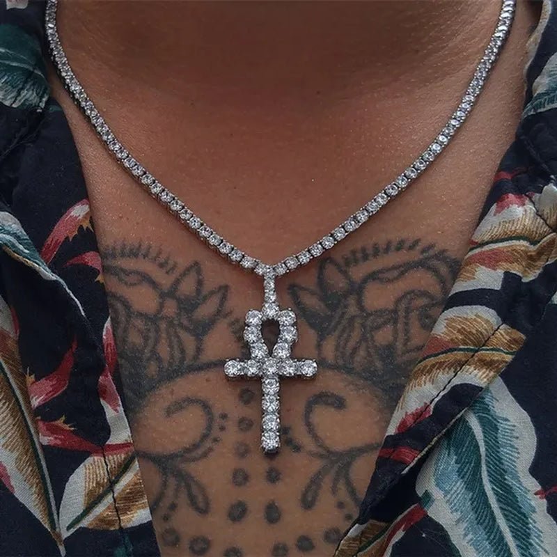 Cool Men Yellow Gold Iced Out Cz Diamond Jewelry Ankh Cross Pendant Tennis Chain Hip Hop Necklace - WORLD TIME VISITS