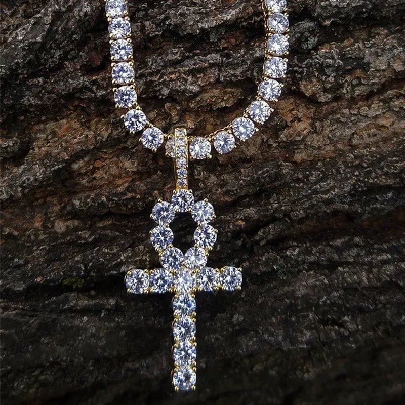 Cool Men Yellow Gold Iced Out Cz Diamond Jewelry Ankh Cross Pendant Tennis Chain Hip Hop Necklace - WORLD TIME VISITS