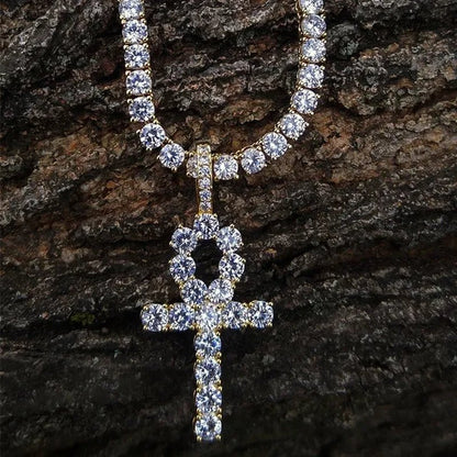 Cool Men Yellow Gold Iced Out Cz Diamond Jewelry Ankh Cross Pendant Tennis Chain Hip Hop Necklace - WORLD TIME VISITS