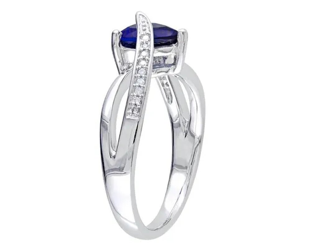 Created Blue Sapphire and Diamond Heart Ring 1.90 Carat (ctw) in Sterling Silver