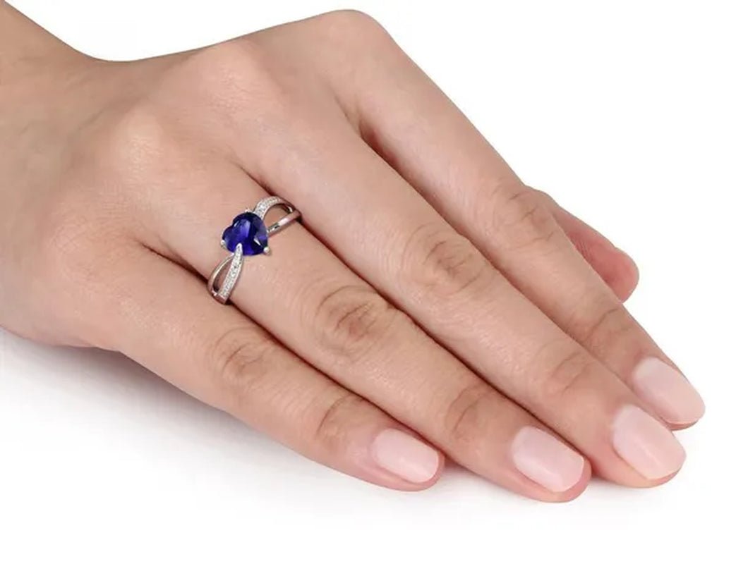 Created Blue Sapphire and Diamond Heart Ring 1.90 Carat (ctw) in Sterling Silver