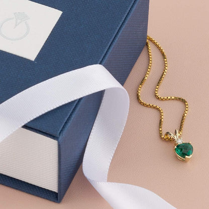Created Emerald with Genuine Diamond Pendant in 14K Yellow Gold, Heart Shape Solitaire 6Mm