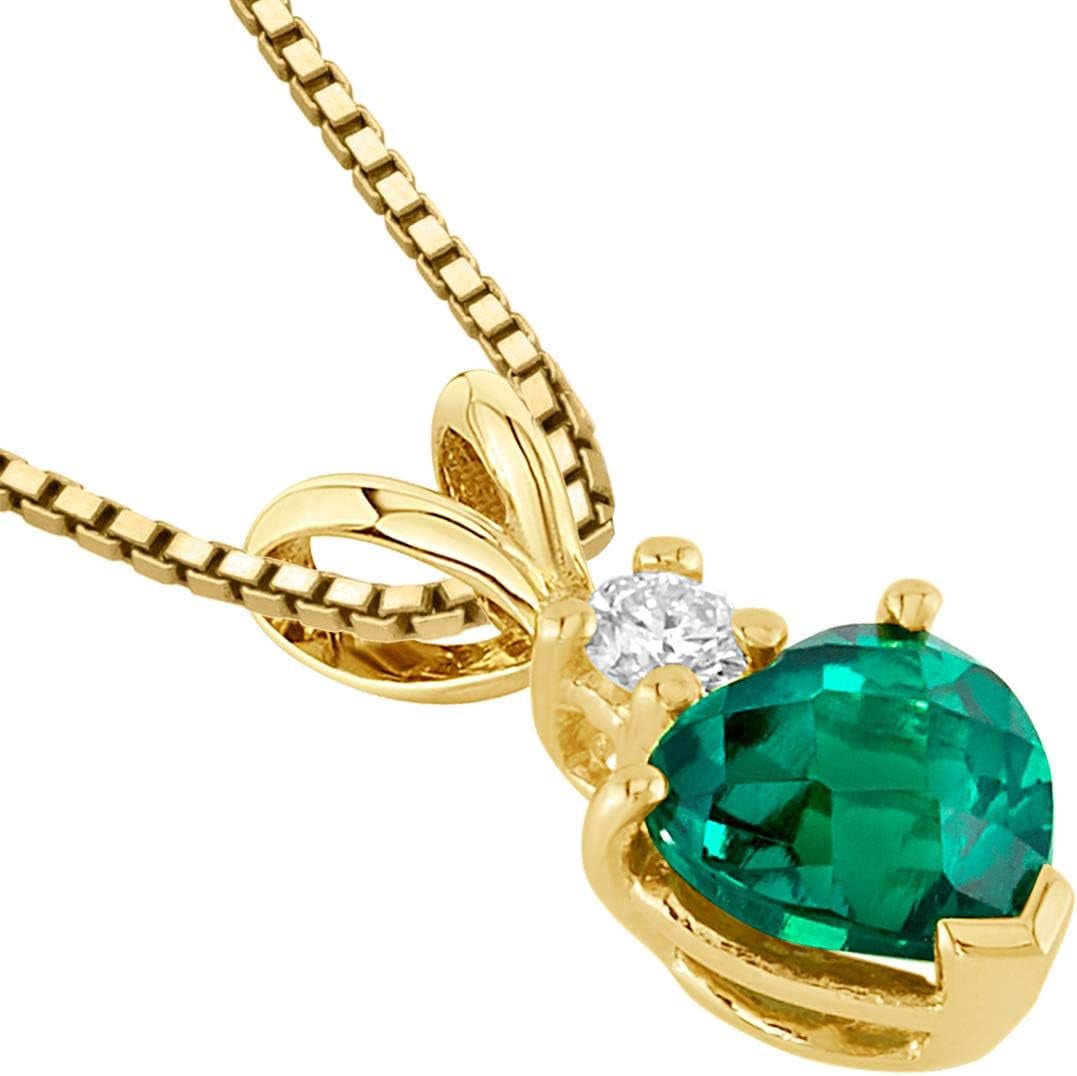 Created Emerald with Genuine Diamond Pendant in 14K Yellow Gold, Heart Shape Solitaire 6Mm