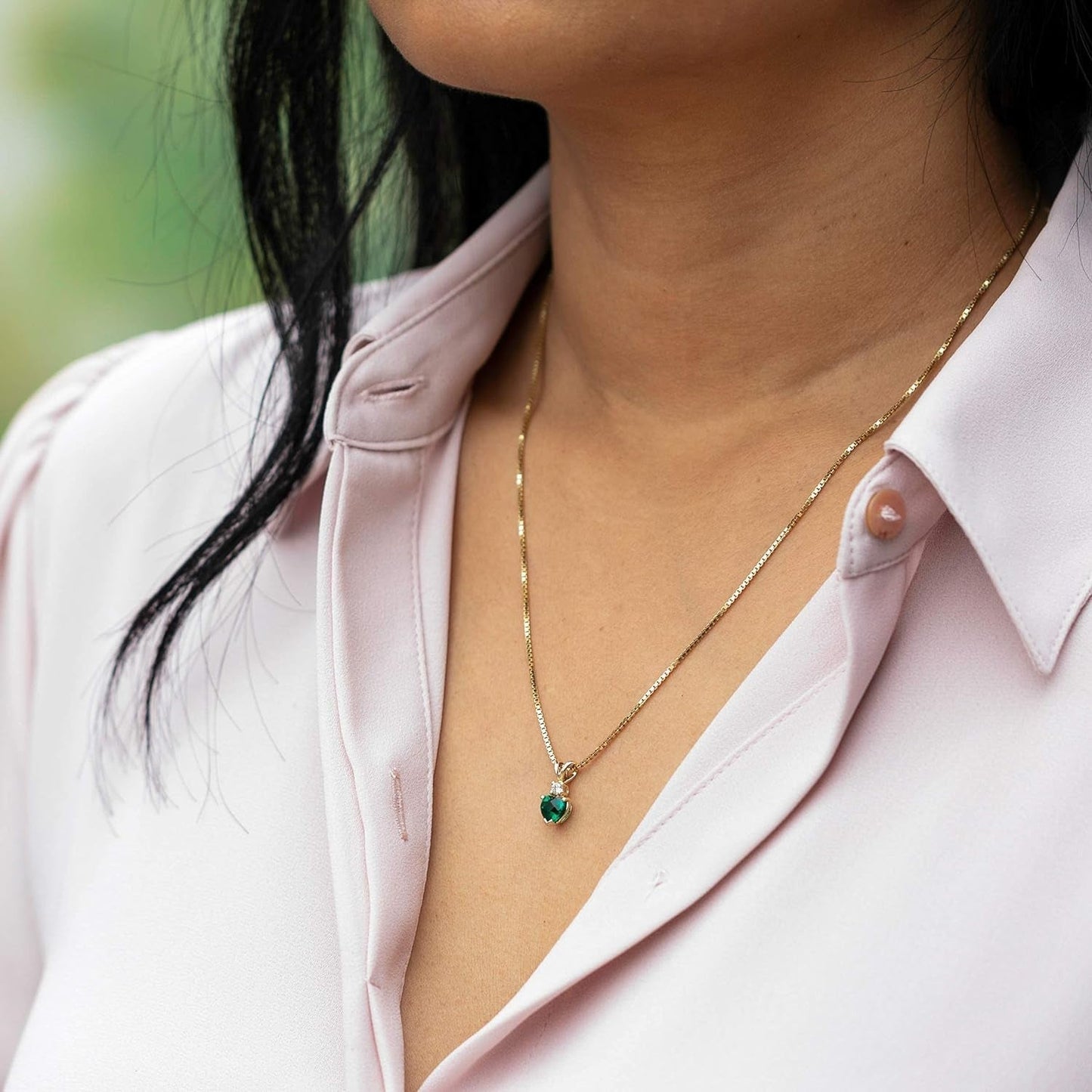 Created Emerald with Genuine Diamond Pendant in 14K Yellow Gold, Heart Shape Solitaire 6Mm
