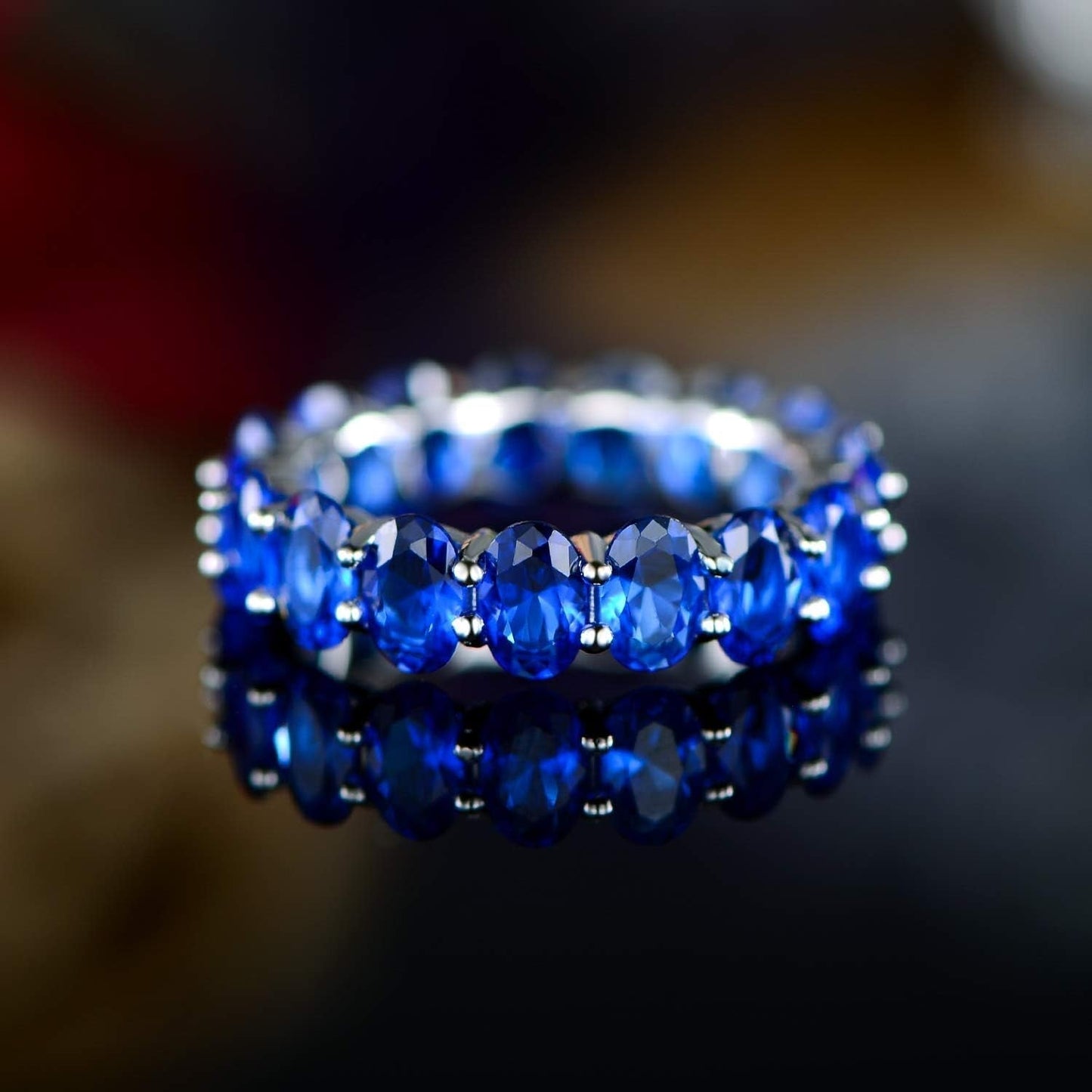 Created-Gemstone Eternity Ring for Women 18K White Gold Plated Oval Cut Created Gemstone Eternity Wedding Band