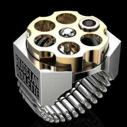Creative Gifts Hardcover Design Nano Craft Stainless Steel Ring Plated Two Colors Gold and Silver Revolver Bullet Roulette Ruby Jewelry Father'S Day Anniversary Gift Banquet Party Band Ring for Boyfriend Husband Size 6-13