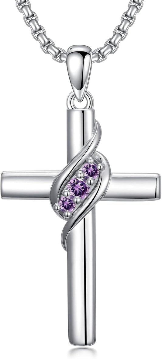 Cross Birthstone Necklace for Women 925 Sterling Silver Cross Pendant Christian Religious Jewelry Birthday Christmas Gifts for Her/Wife/Mom/Girlfriend - WORLD TIME VISITS