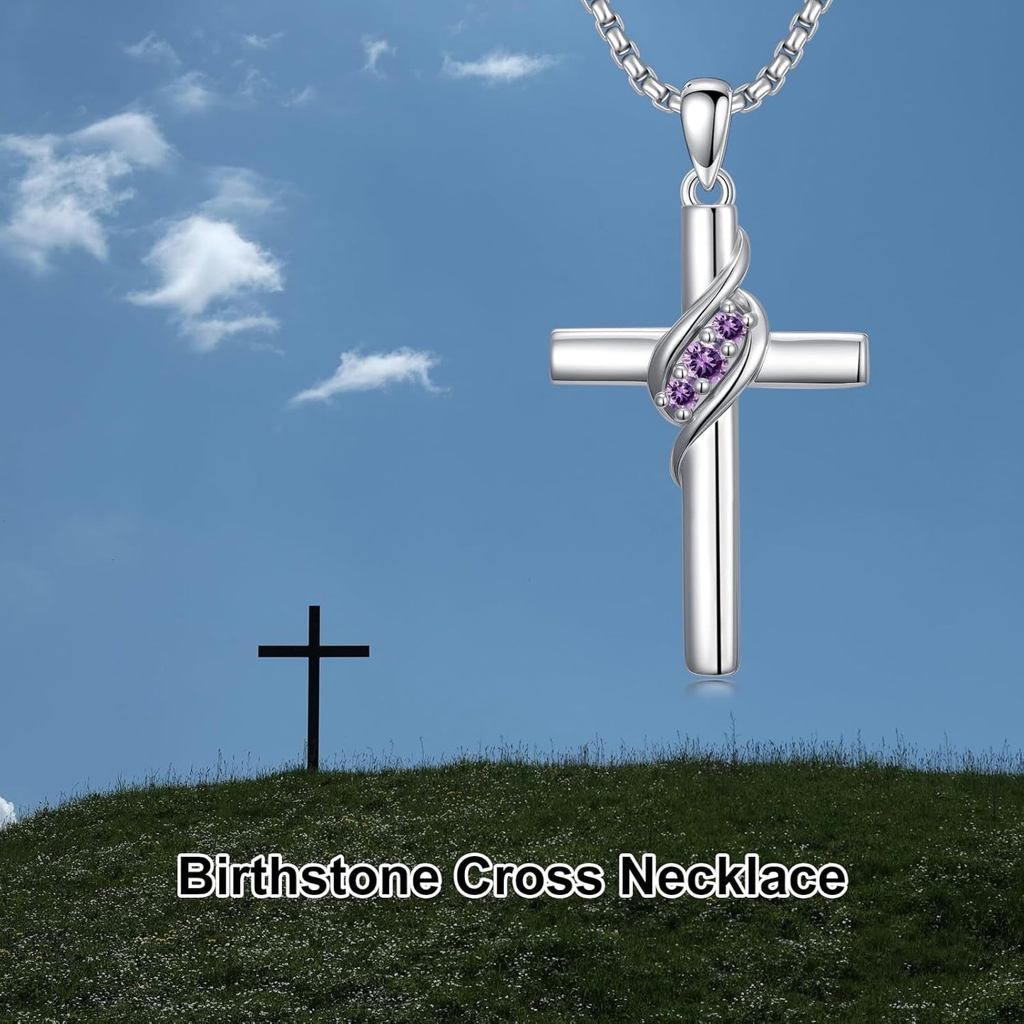 Cross Birthstone Necklace for Women 925 Sterling Silver Cross Pendant Christian Religious Jewelry Birthday Christmas Gifts for Her/Wife/Mom/Girlfriend